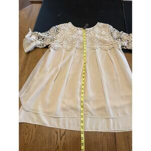 Simply Couture Tunic Dress Beige Lace Bow Crochet Bell Sleeve Short Women